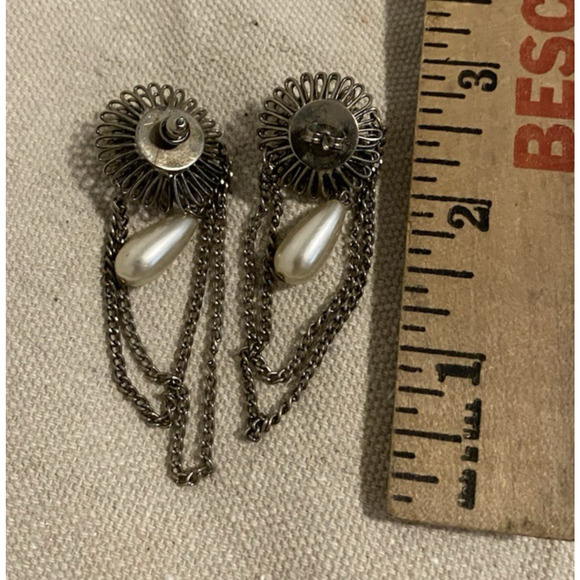 Vintage Silver Tone Starburst Floral Pierced Earrings Faux Pearl Crystal Accents - Picture 5 of 5